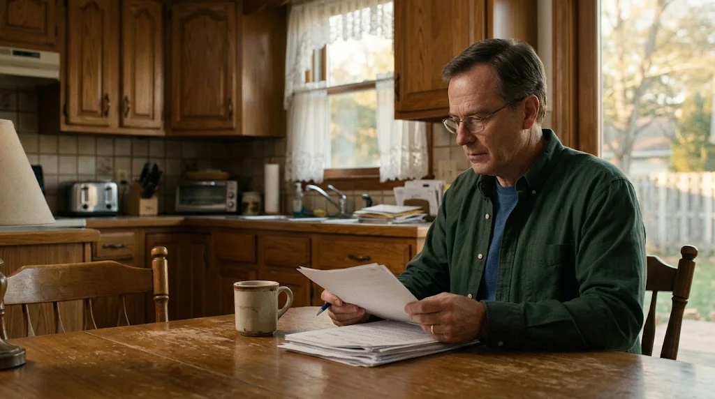 Man reading retirement documents at a kitchen table