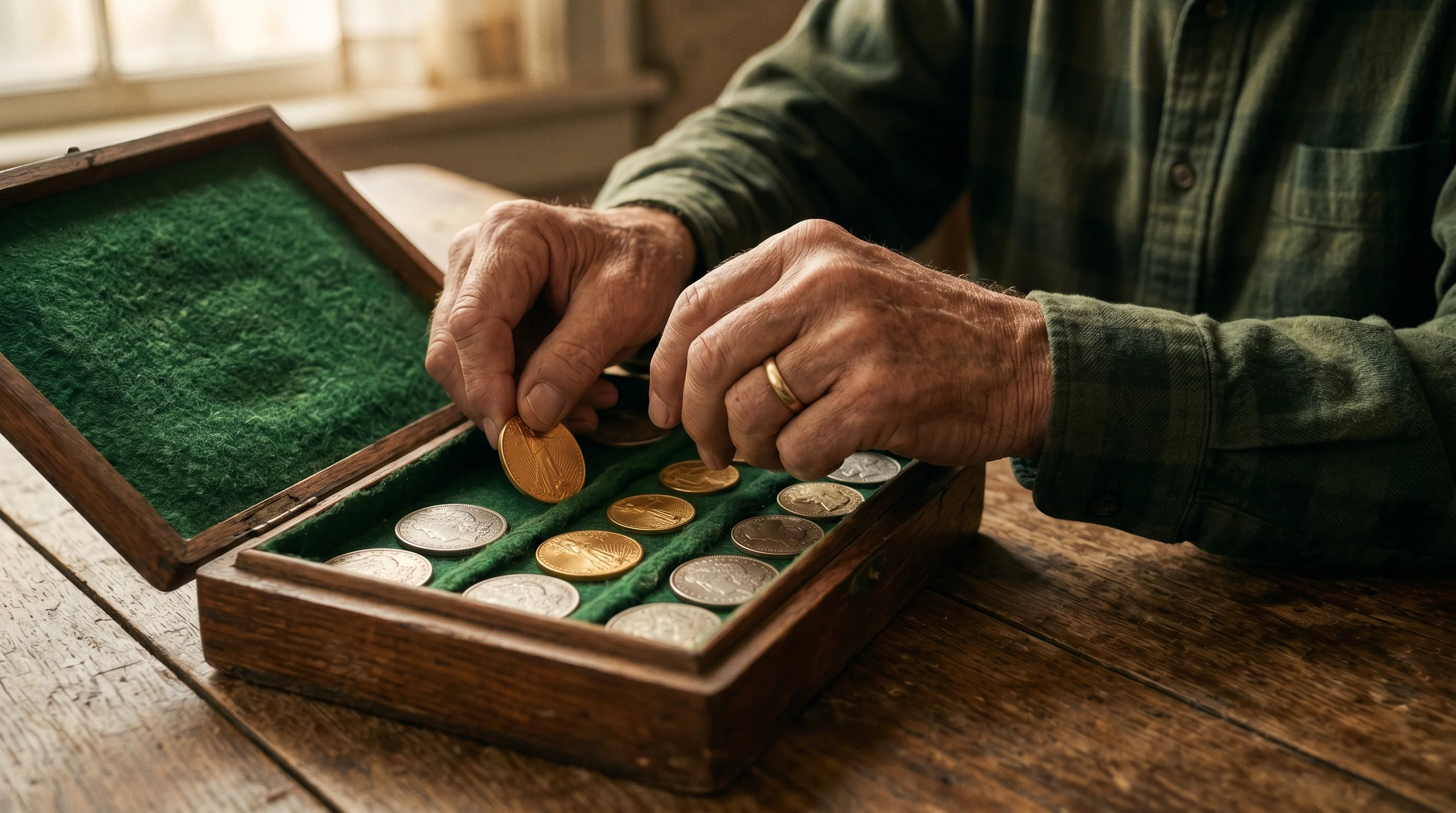 Hands placing a gold coin into a felt-lined wooden box