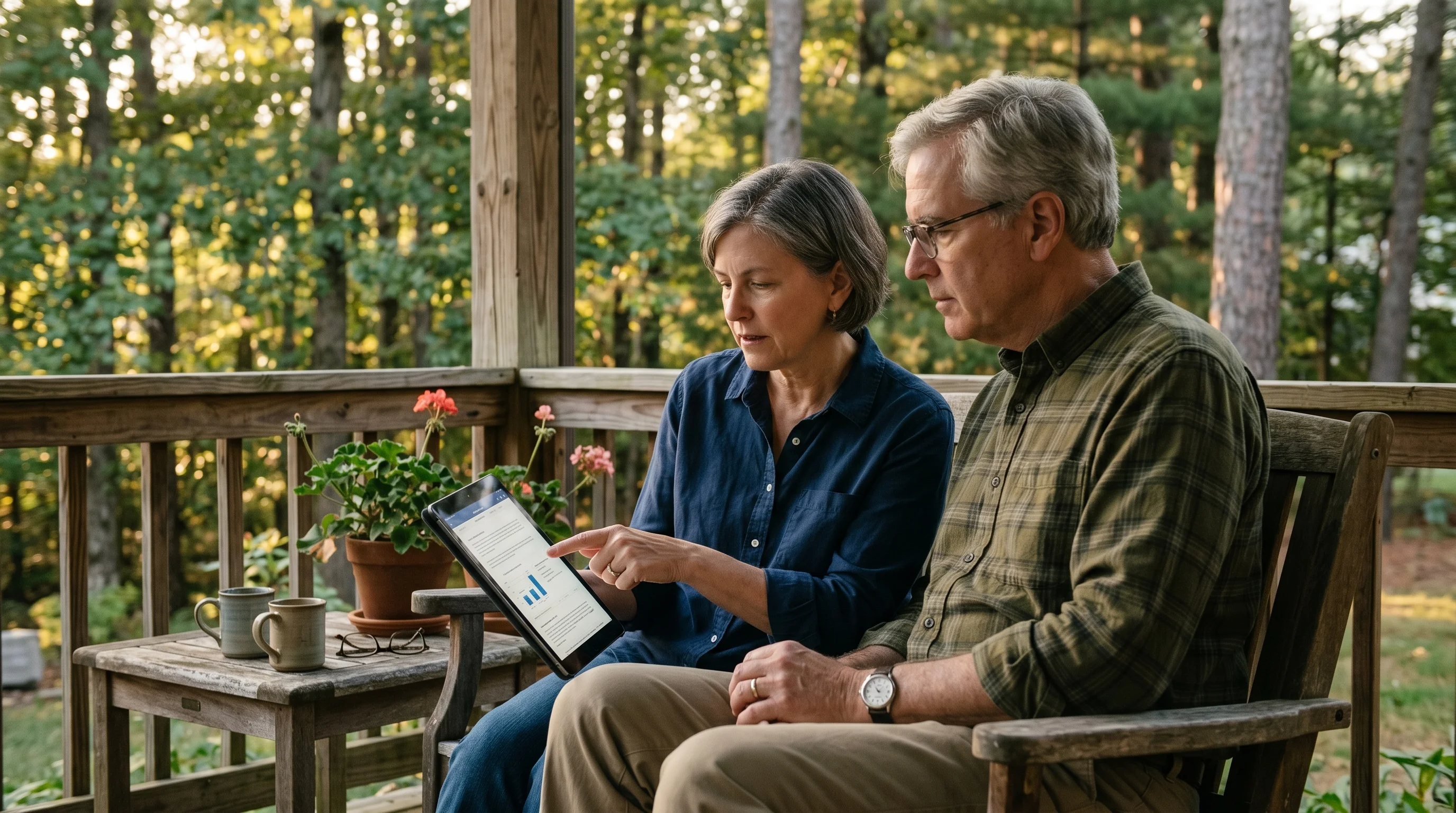 Retired couple reviewing dealer information together on a porch