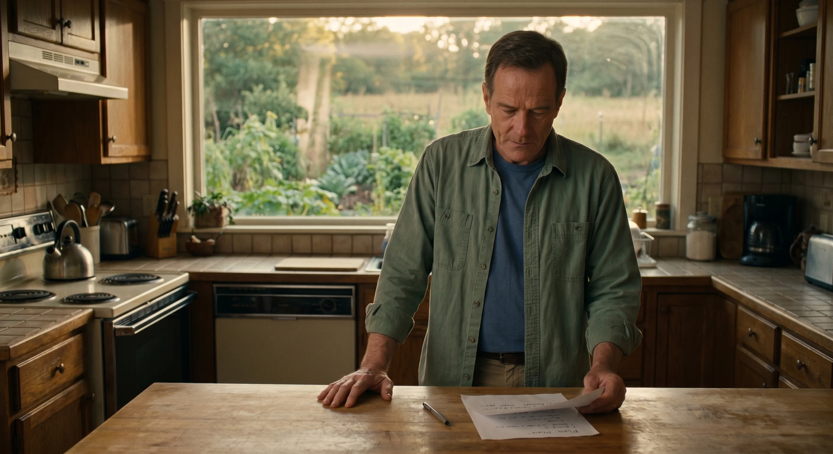 Man reviewing a handwritten retirement plan at a kitchen counter