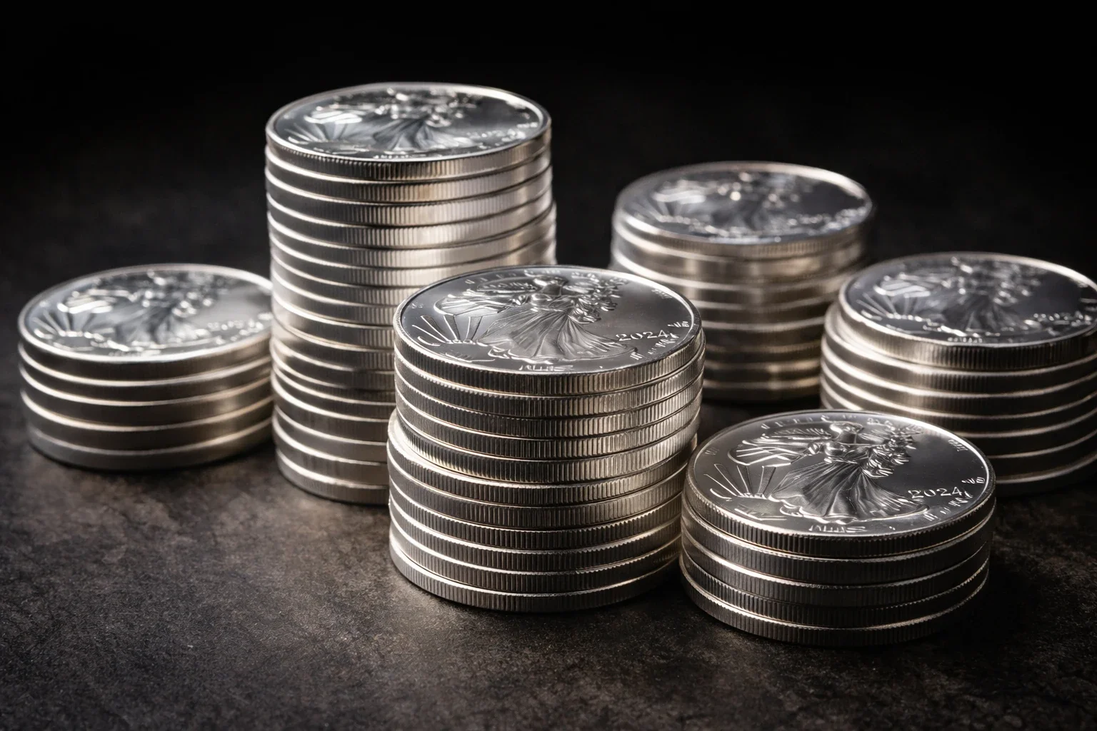 A stack of IRS-approved silver bullion coins and bars eligible for silver IRA accounts